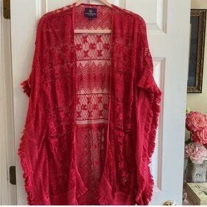 Curations Caravan Vibrant Red Lace Open-Front Cardigan/Swim Suit Cover Up/Poncho
